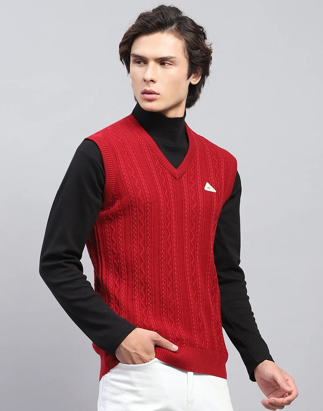 Men Red Self Design V Neck Sleeveless Sweater - Image 4