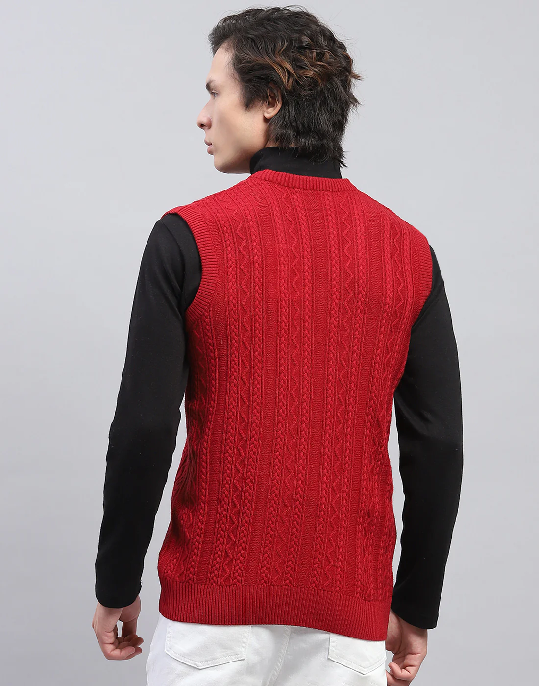 Men Red Self Design V Neck Sleeveless Sweater - Image 5