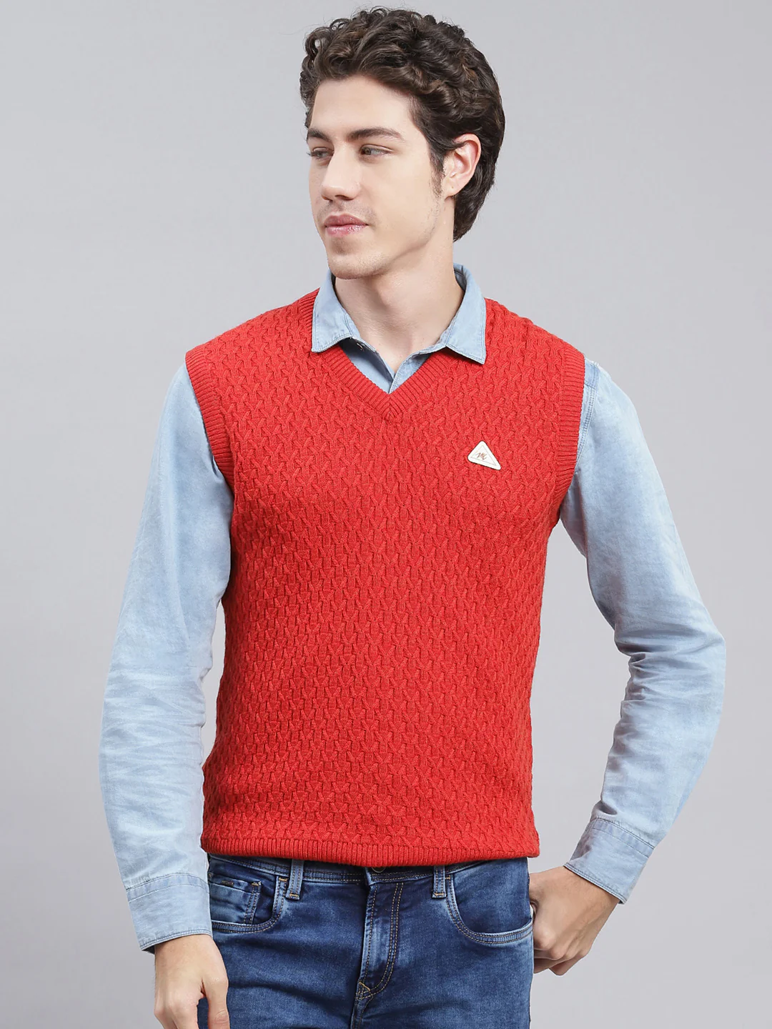 Men Red Self Design Wool blend Sweater - Image 2