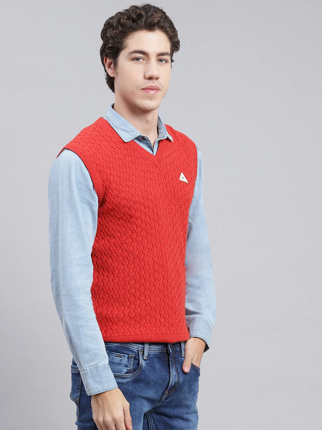 Men Red Self Design Wool blend Sweater - Image 3