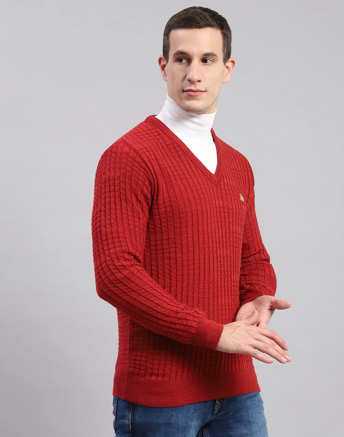 Men Red Self Design V Neck Full Sleeve Sweaters/Pullovers - Image 4
