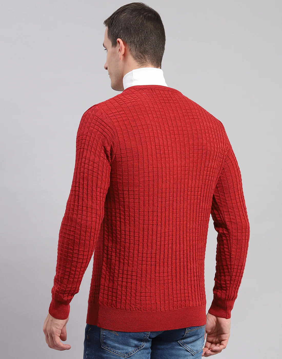 Men Red Self Design V Neck Full Sleeve Sweaters/Pullovers - Image 5