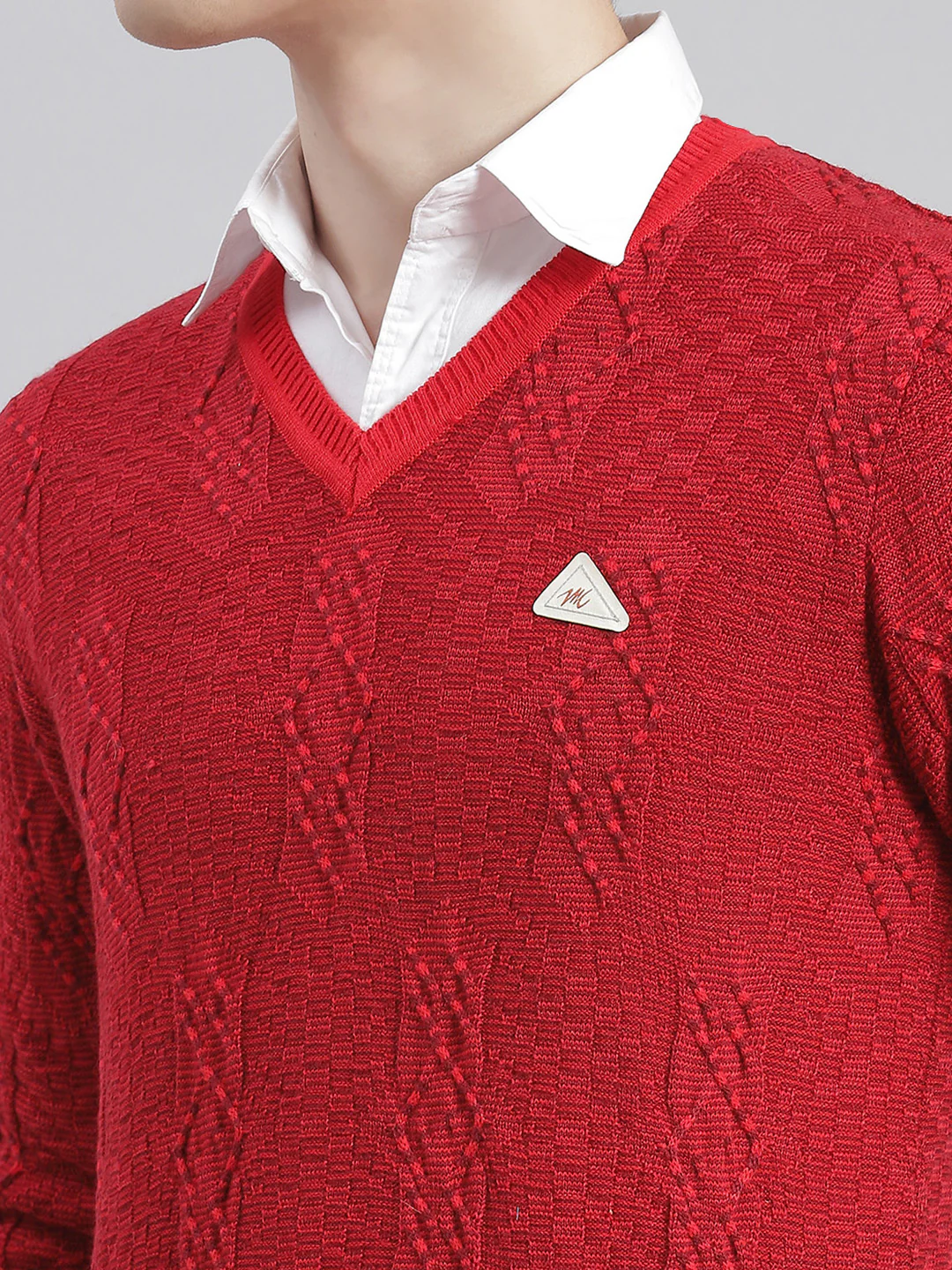 Men Red Self Design V Neck Full Sleeve Sweaters/Pullovers - Image 6