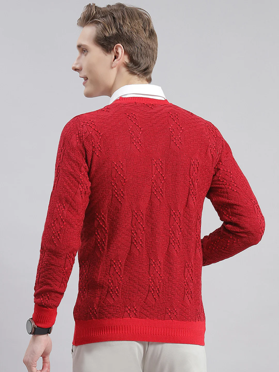 Men Red Self Design V Neck Full Sleeve Sweaters/Pullovers - Image 7
