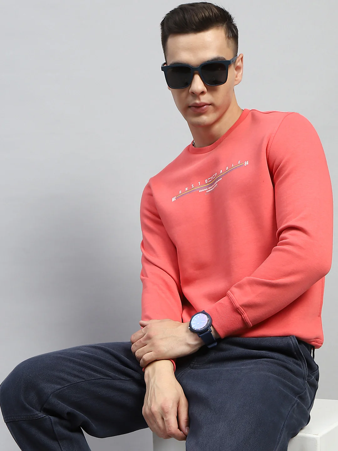 Men Red & Sky Blue Printed Round Neck Full Sleeve Sweatshirt - Image 7