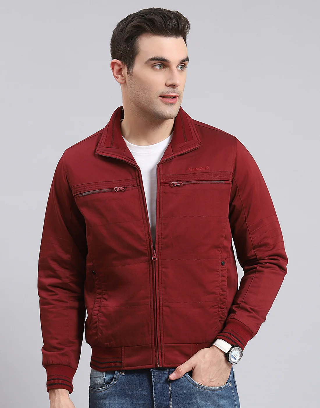 Men Red Solid Collar Full Sleeve Jacket - Image 2