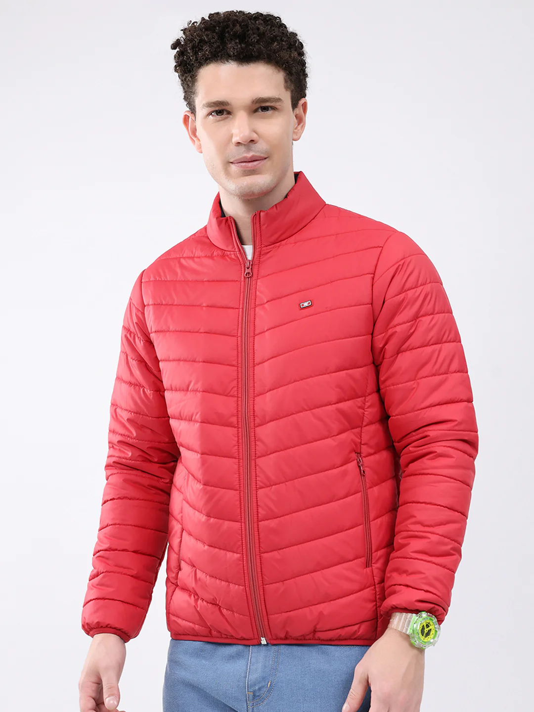Men Red Solid Collar Full Sleeve Jacket
