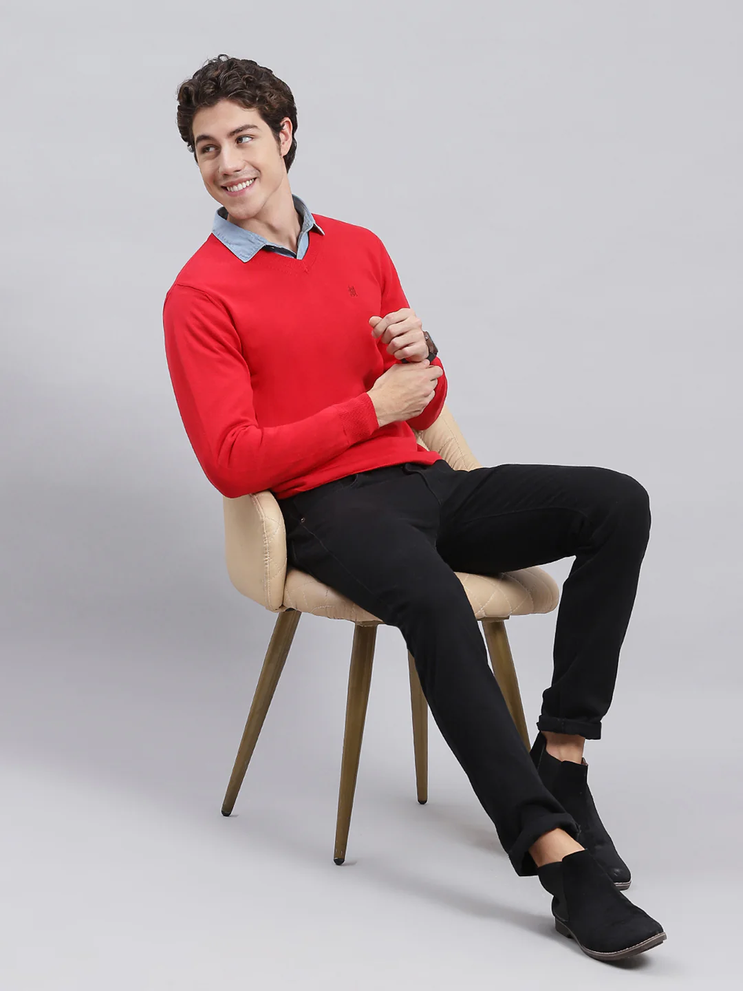 Men Red Solid Cotton Pullover - Image 2