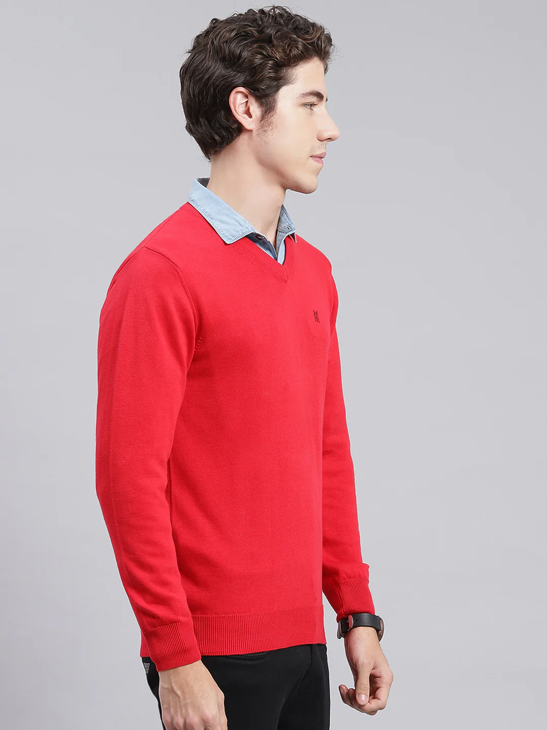 Men Red Solid Cotton Pullover - Image 3