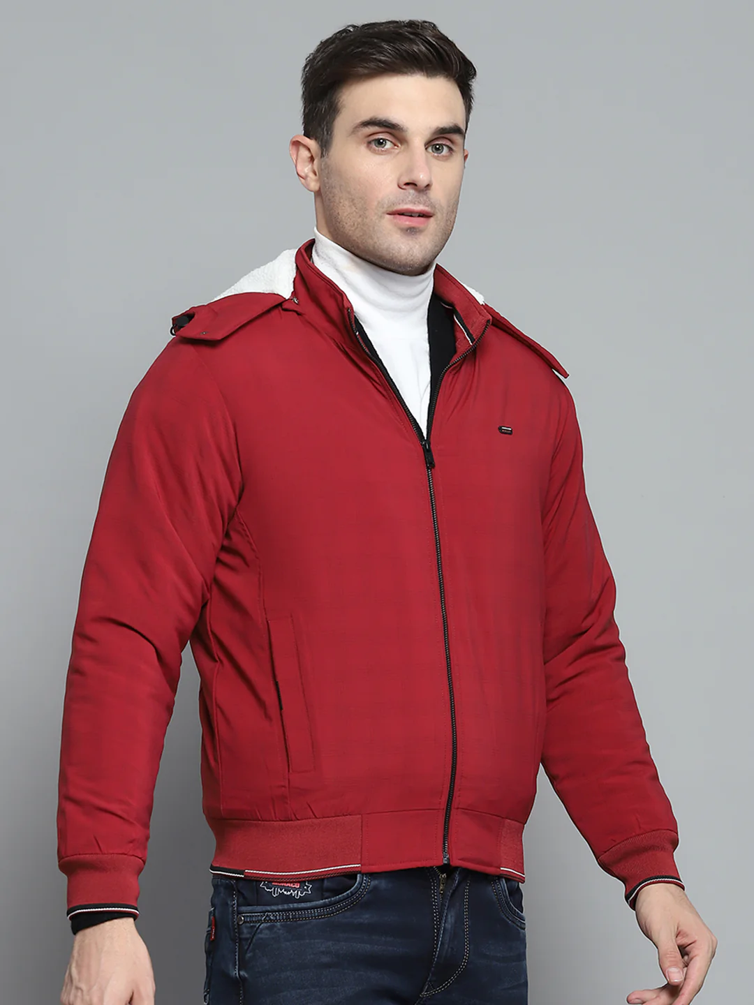 Men Red Solid Detachable Hood Full Sleeve Jacket - Image 4