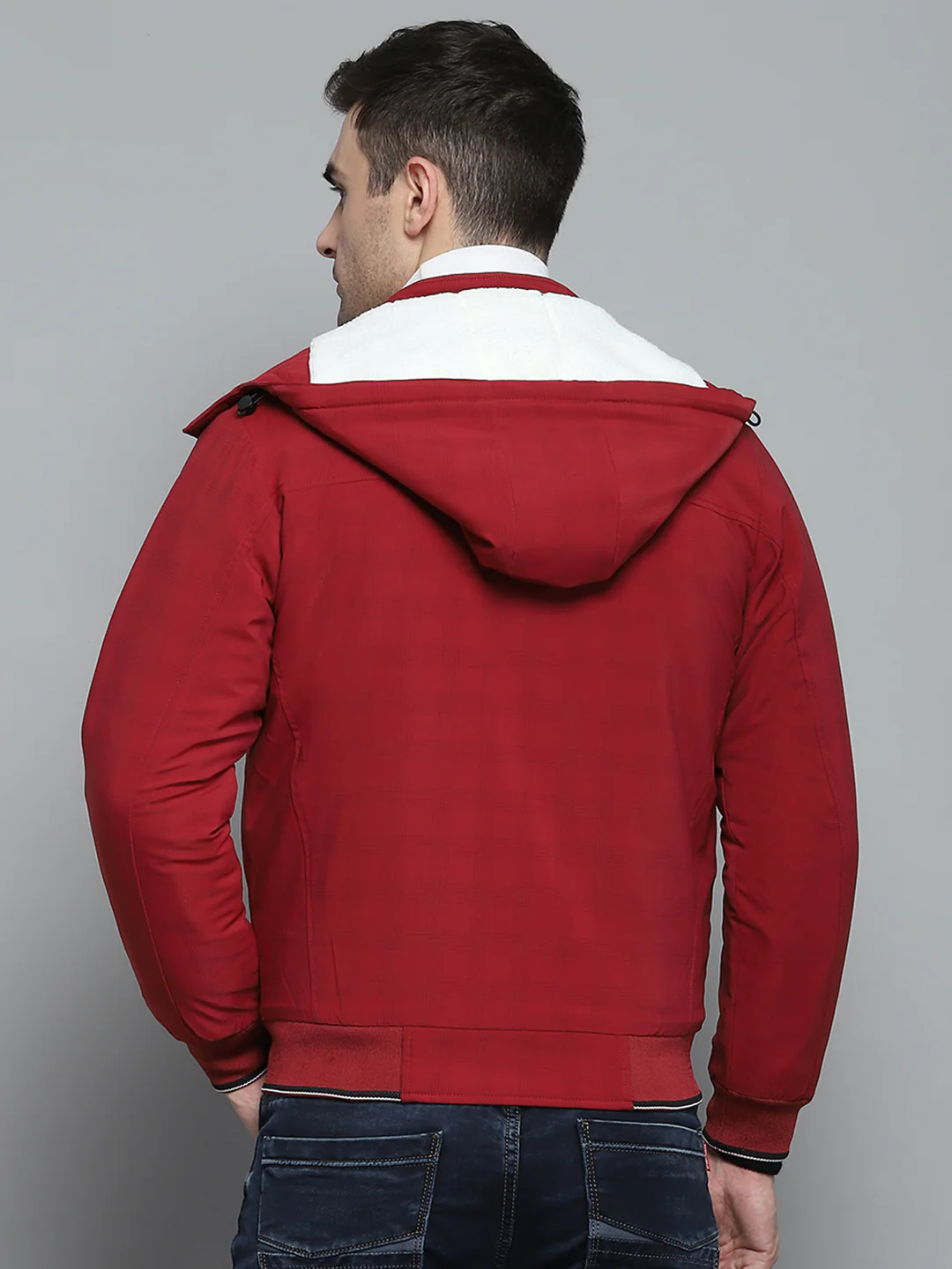 Men Red Solid Detachable Hood Full Sleeve Jacket - Image 5
