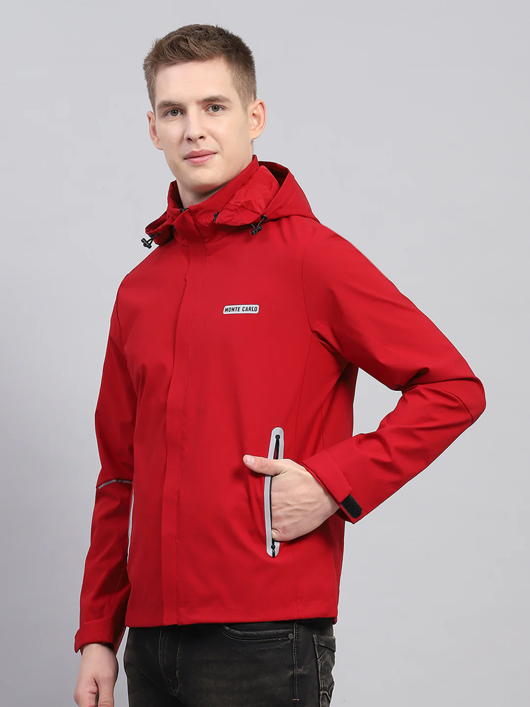 Men Red Solid Detachable Hood Full Sleeve Jacket - Image 3