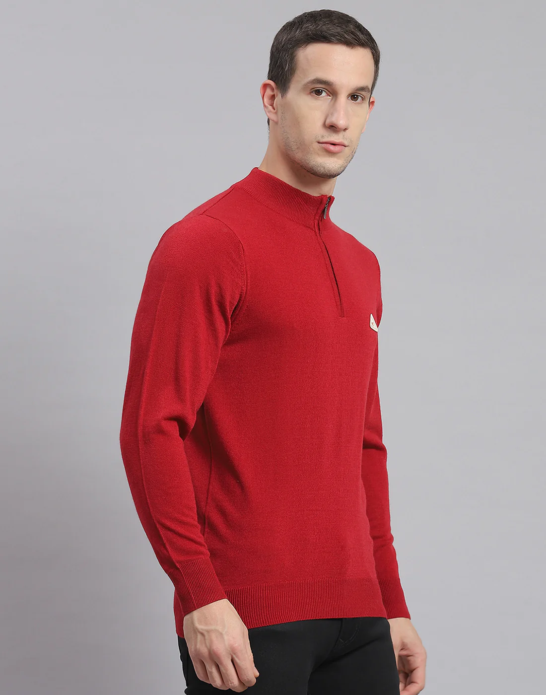 Men Red Solid H Neck Full Sleeve Sweater - Image 4