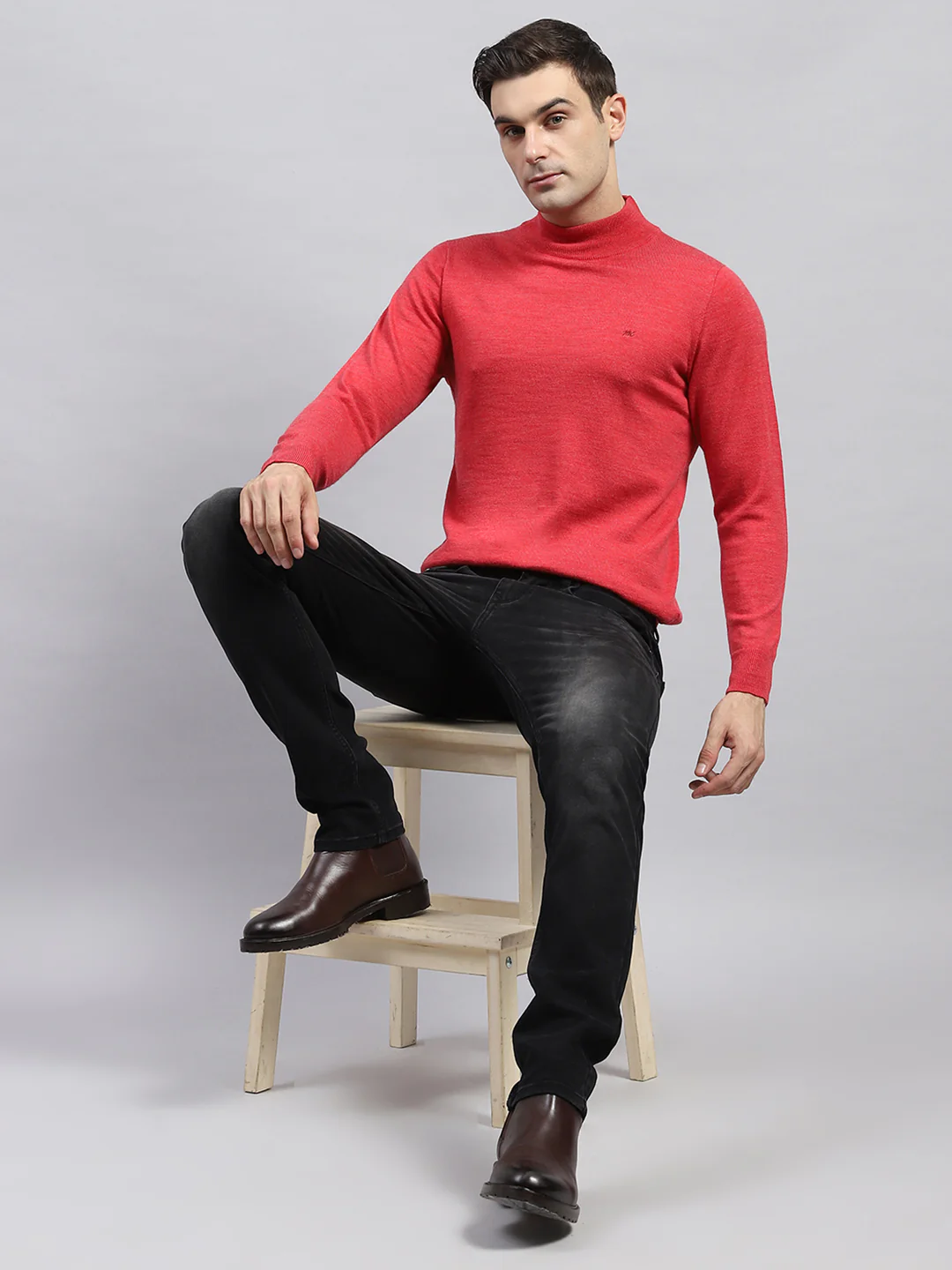 Men Red Solid High Neck Full Sleeve Pullover - Image 2