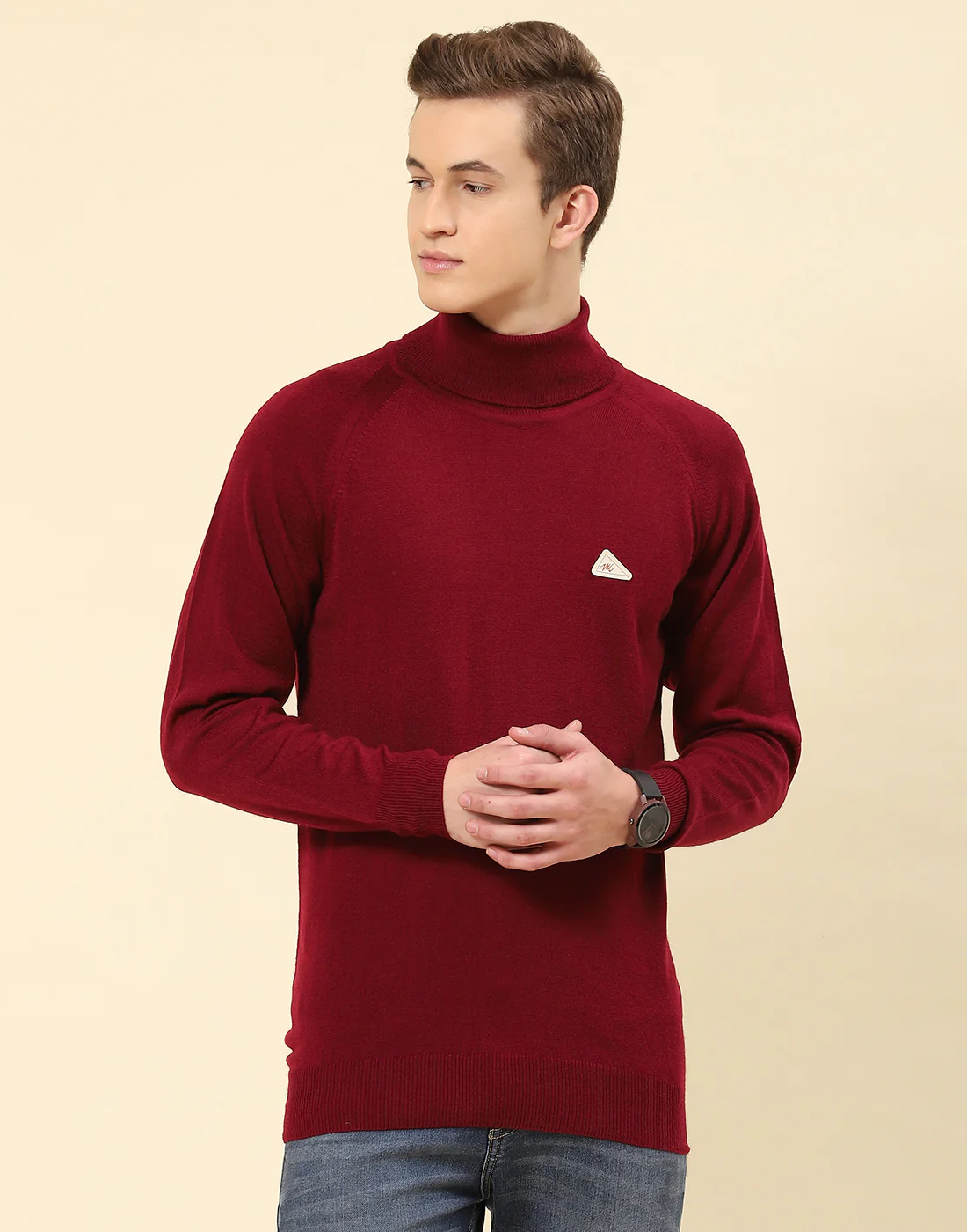 Men Red Solid High Neck Full Sleeve Pullover - Image 2