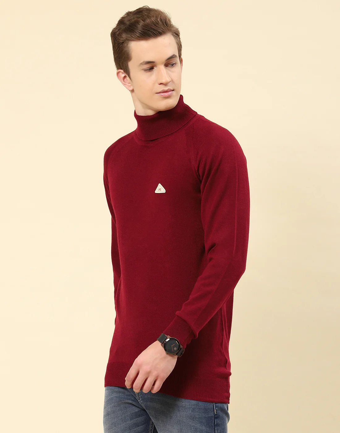 Men Red Solid High Neck Full Sleeve Pullover - Image 3