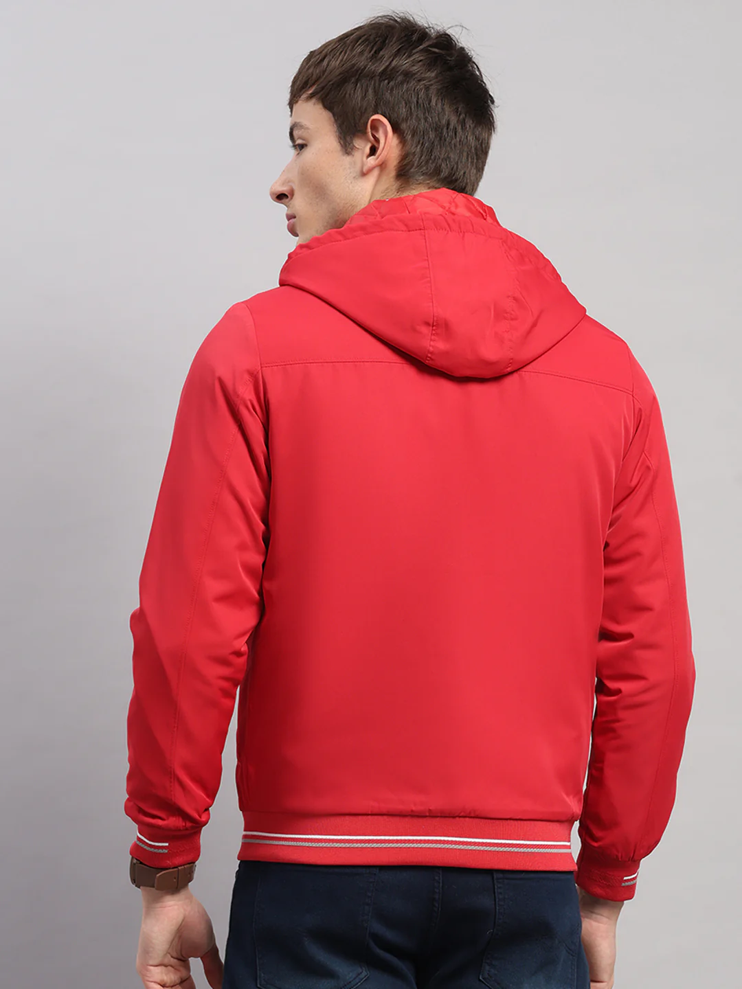 Men Red Solid Hooded Full Sleeve Jacket - Image 5