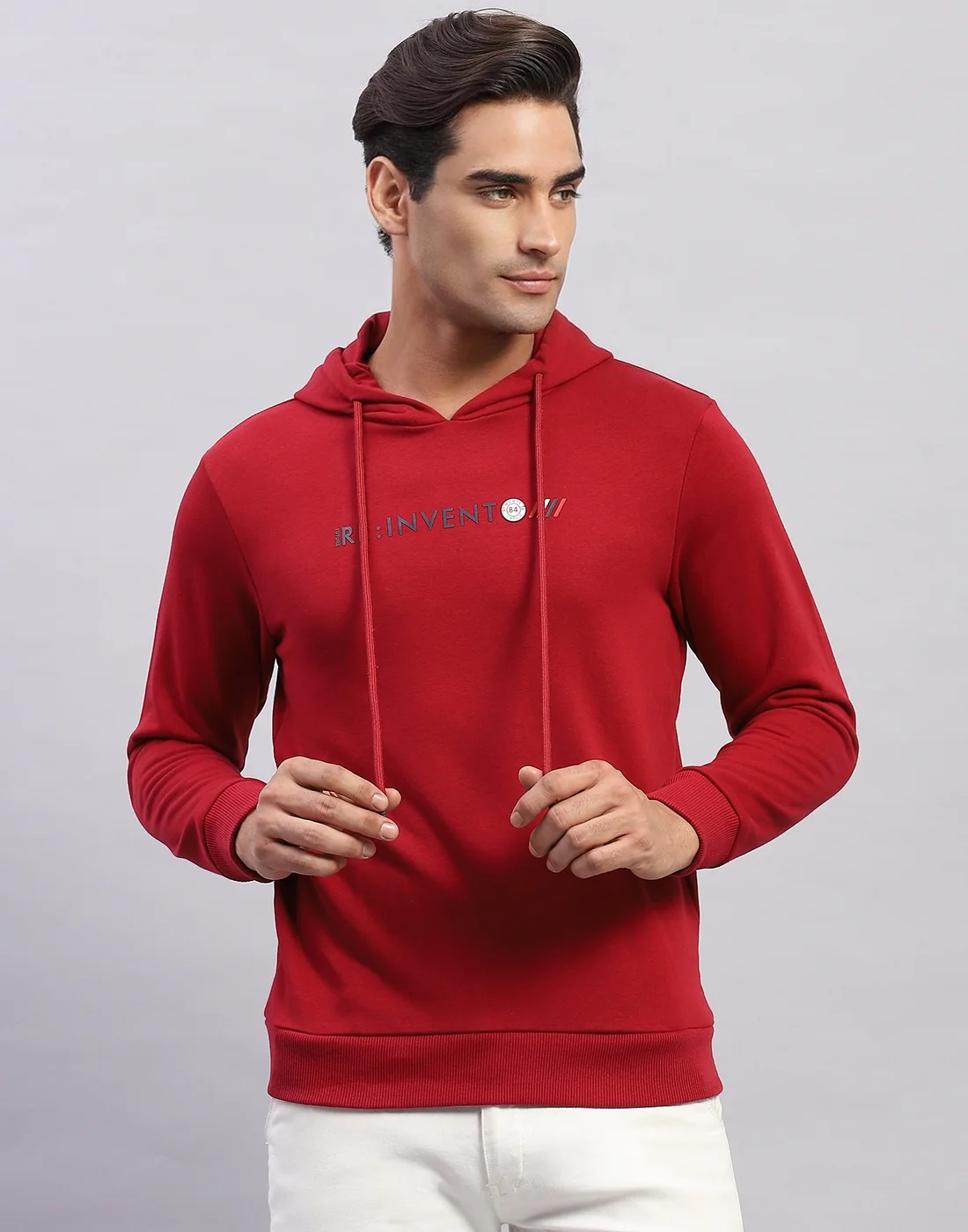 Men Red Solid Hooded Full Sleeve Sweatshirt - Image 2