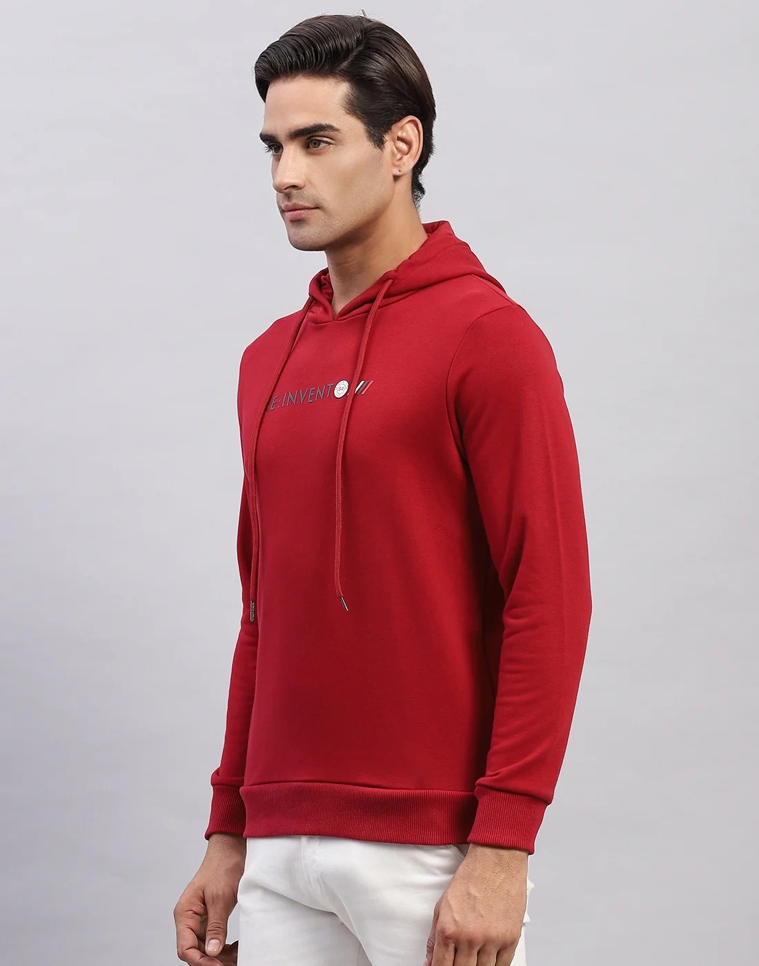 Men Red Solid Hooded Full Sleeve Sweatshirt - Image 3