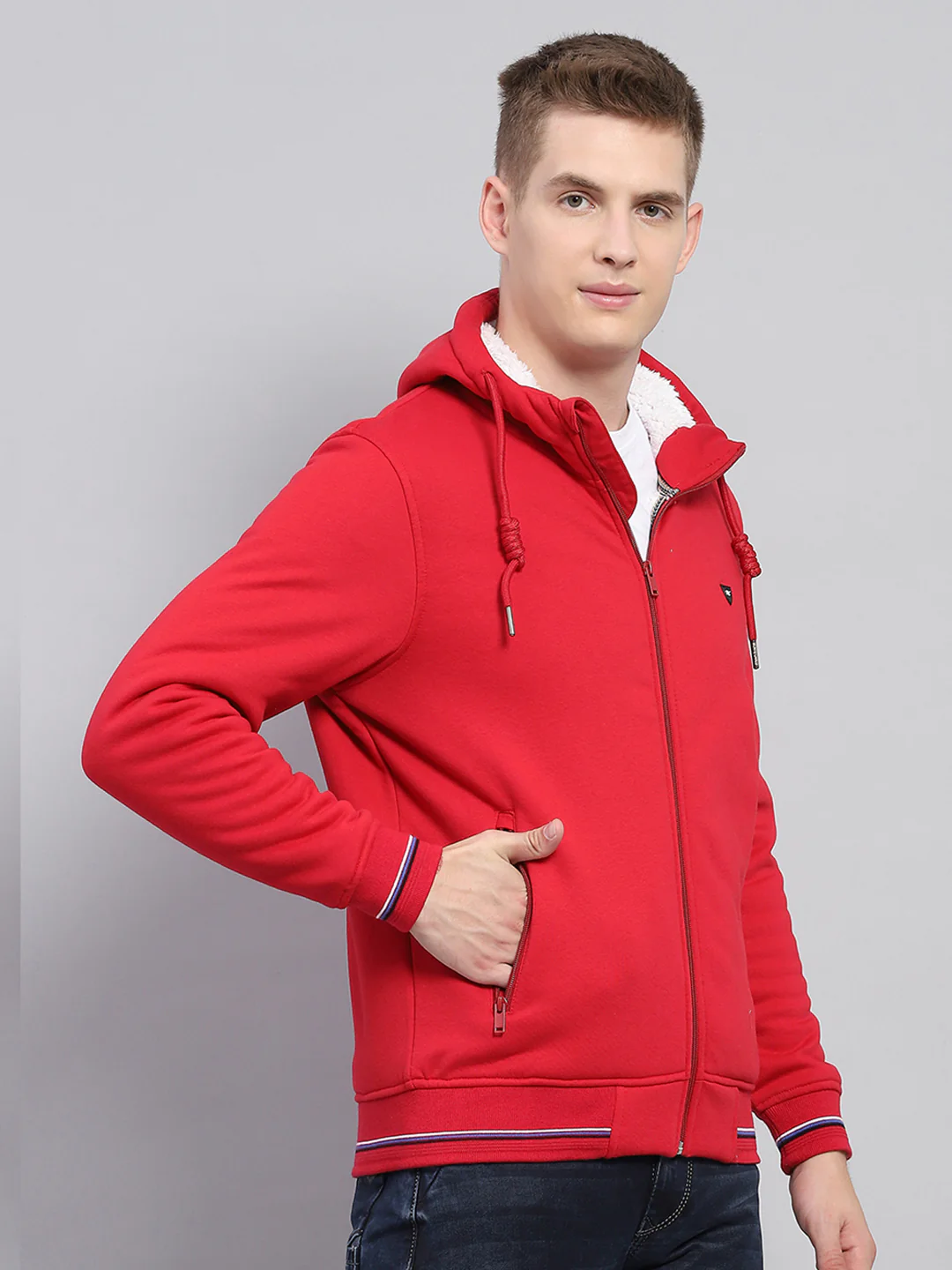 Men Red Solid Hooded Full Sleeve Sweatshirt - Image 4