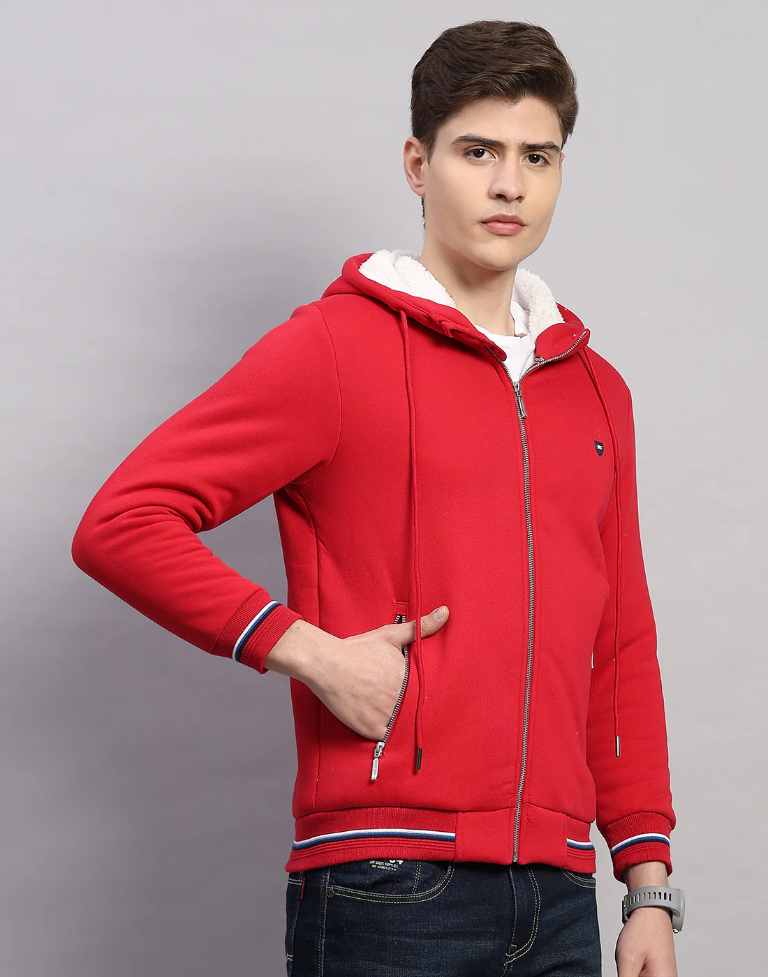 Men Red Solid Hooded Full Sleeve Sweatshirt - Image 3