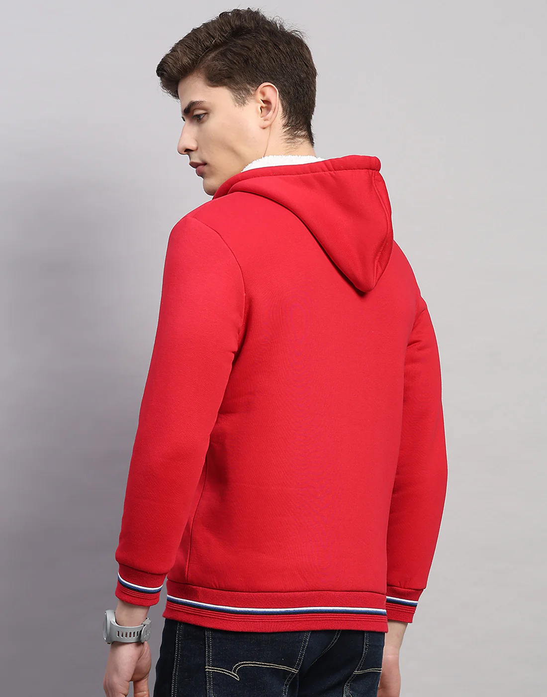 Men Red Solid Hooded Full Sleeve Sweatshirt - Image 4