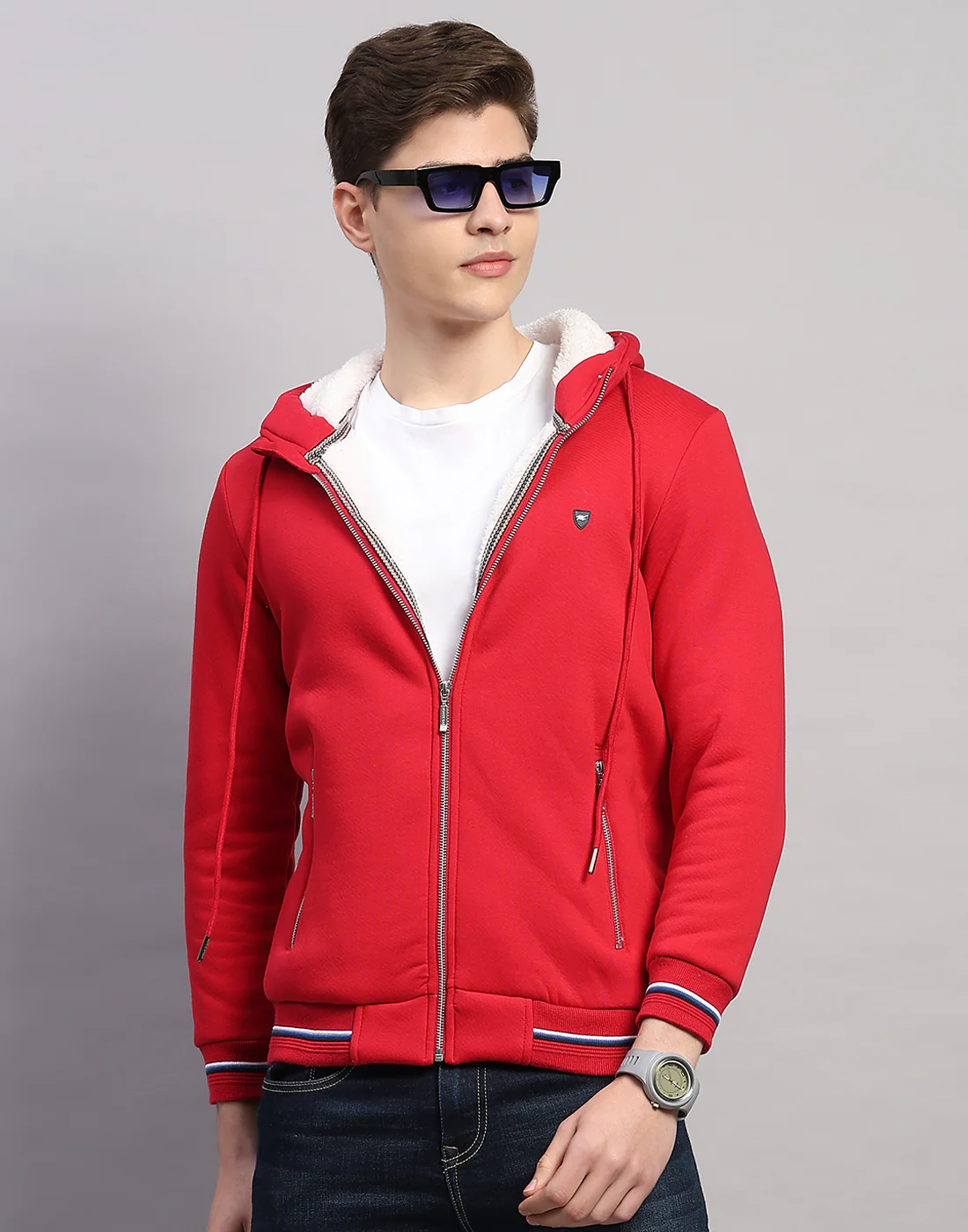 Men Red Solid Hooded Full Sleeve Sweatshirt - Image 6