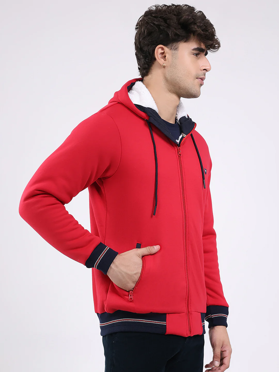 Men Red Solid Hooded Full Sleeve Sweatshirt - Image 4