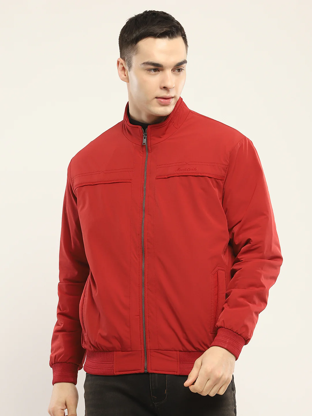 Men Red Solid Mock Neck Full Sleeve Jacket