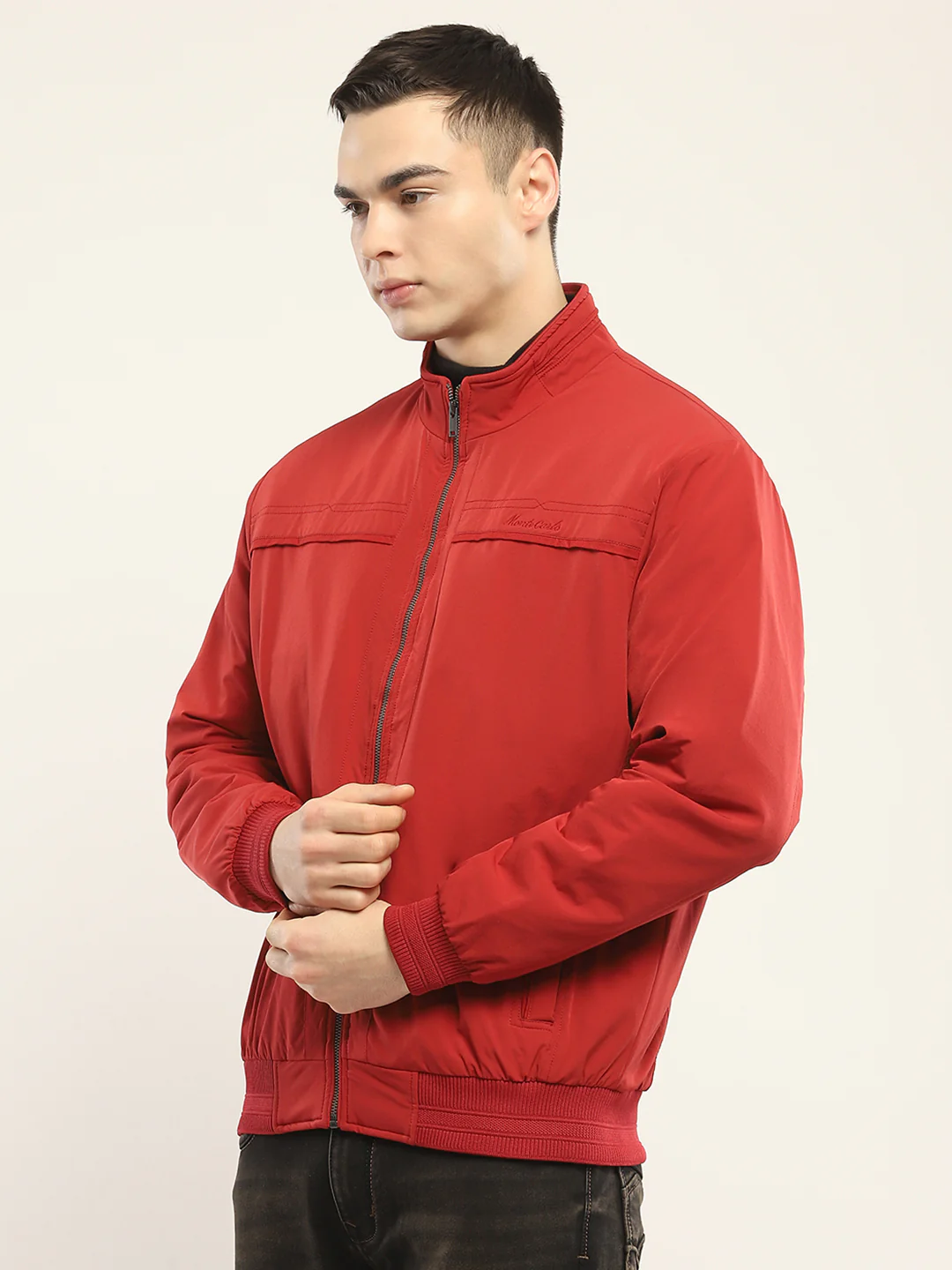 Men Red Solid Mock Neck Full Sleeve Jacket - Image 3