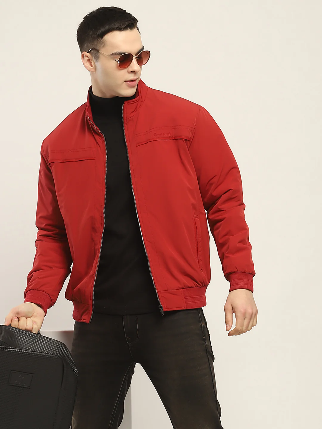 Men Red Solid Mock Neck Full Sleeve Jacket - Image 6