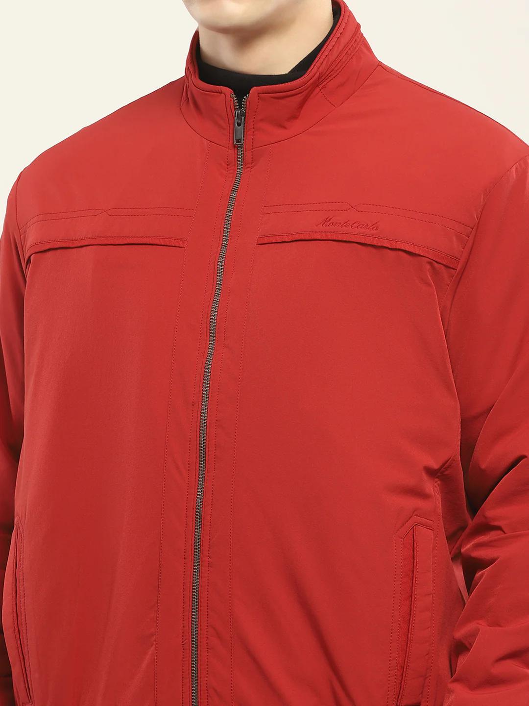 Men Red Solid Mock Neck Full Sleeve Jacket - Image 7