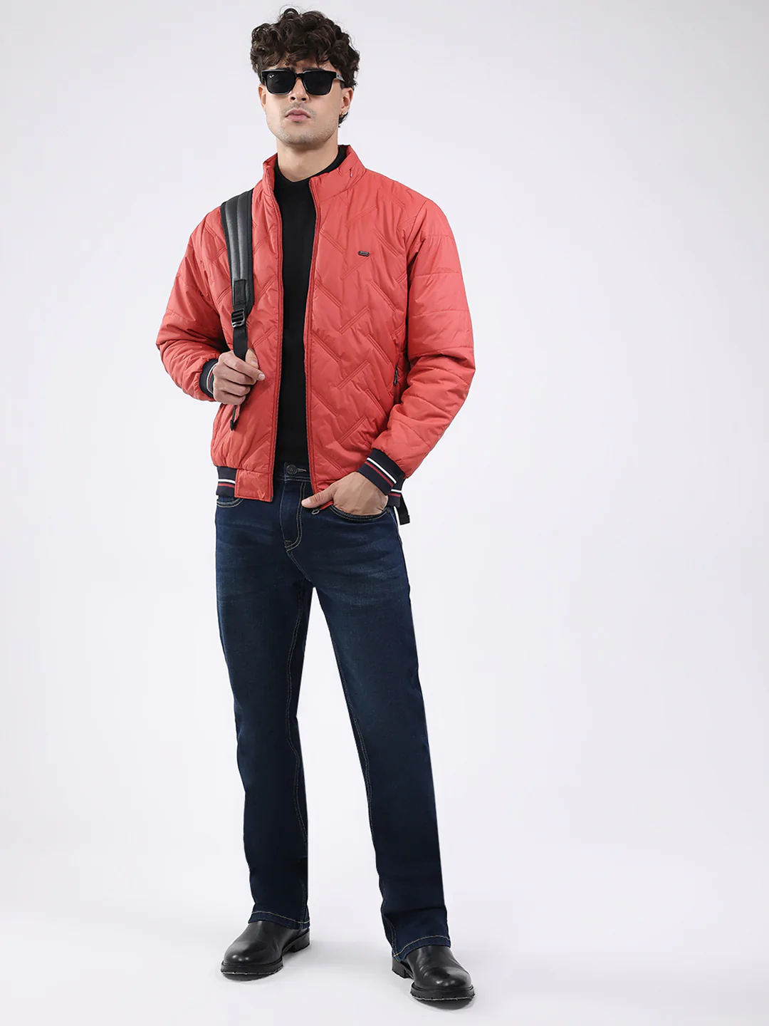 Men Red Solid Mock Neck Full Sleeve Jacket - Image 2