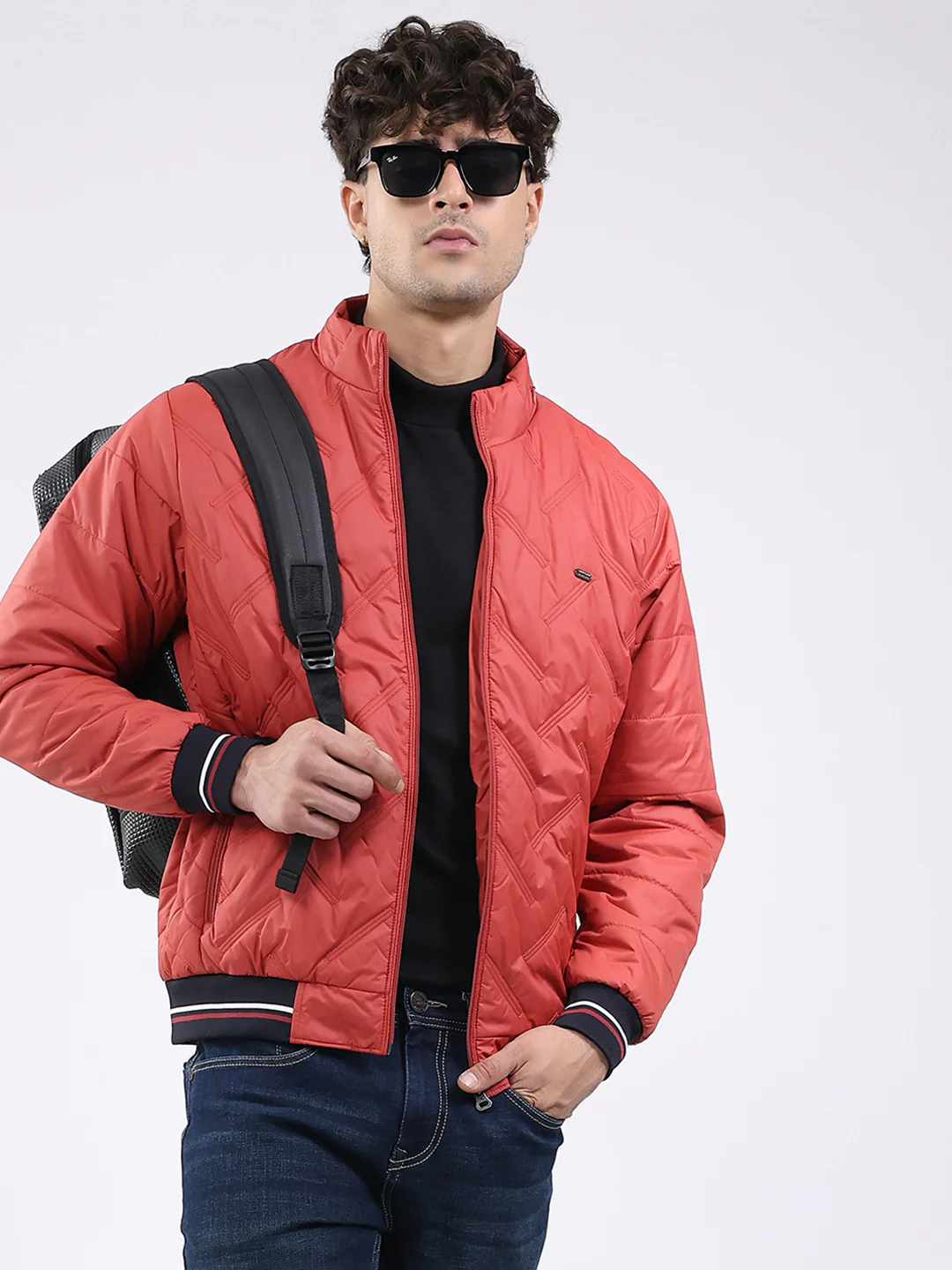Men Red Solid Mock Neck Full Sleeve Jacket - Image 6