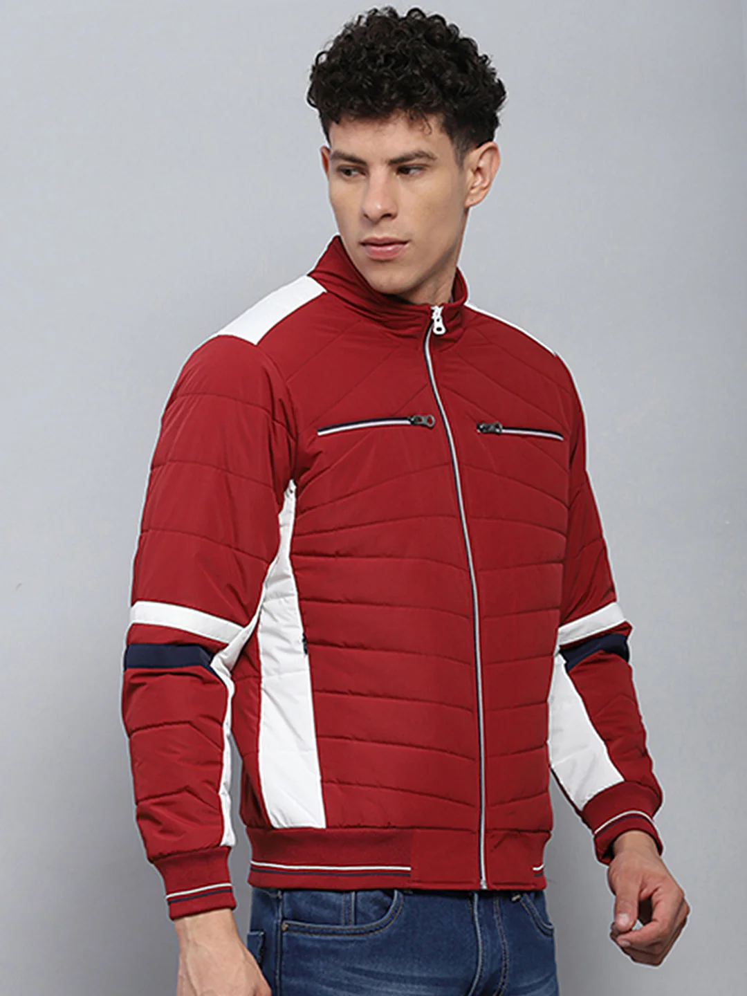 Men Red Solid Mock Neck Full Sleeve Jacket - Image 4