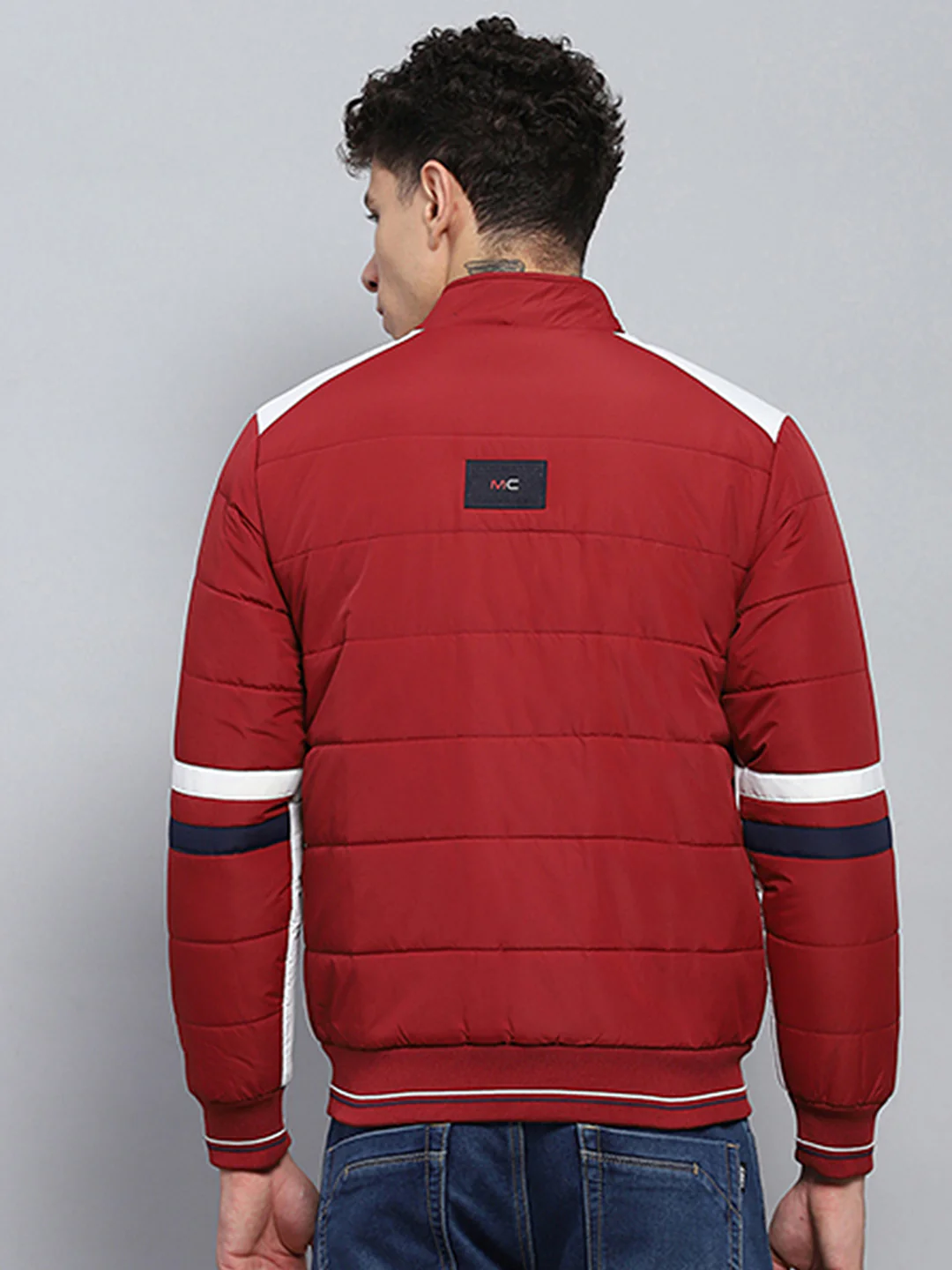 Men Red Solid Mock Neck Full Sleeve Jacket - Image 5