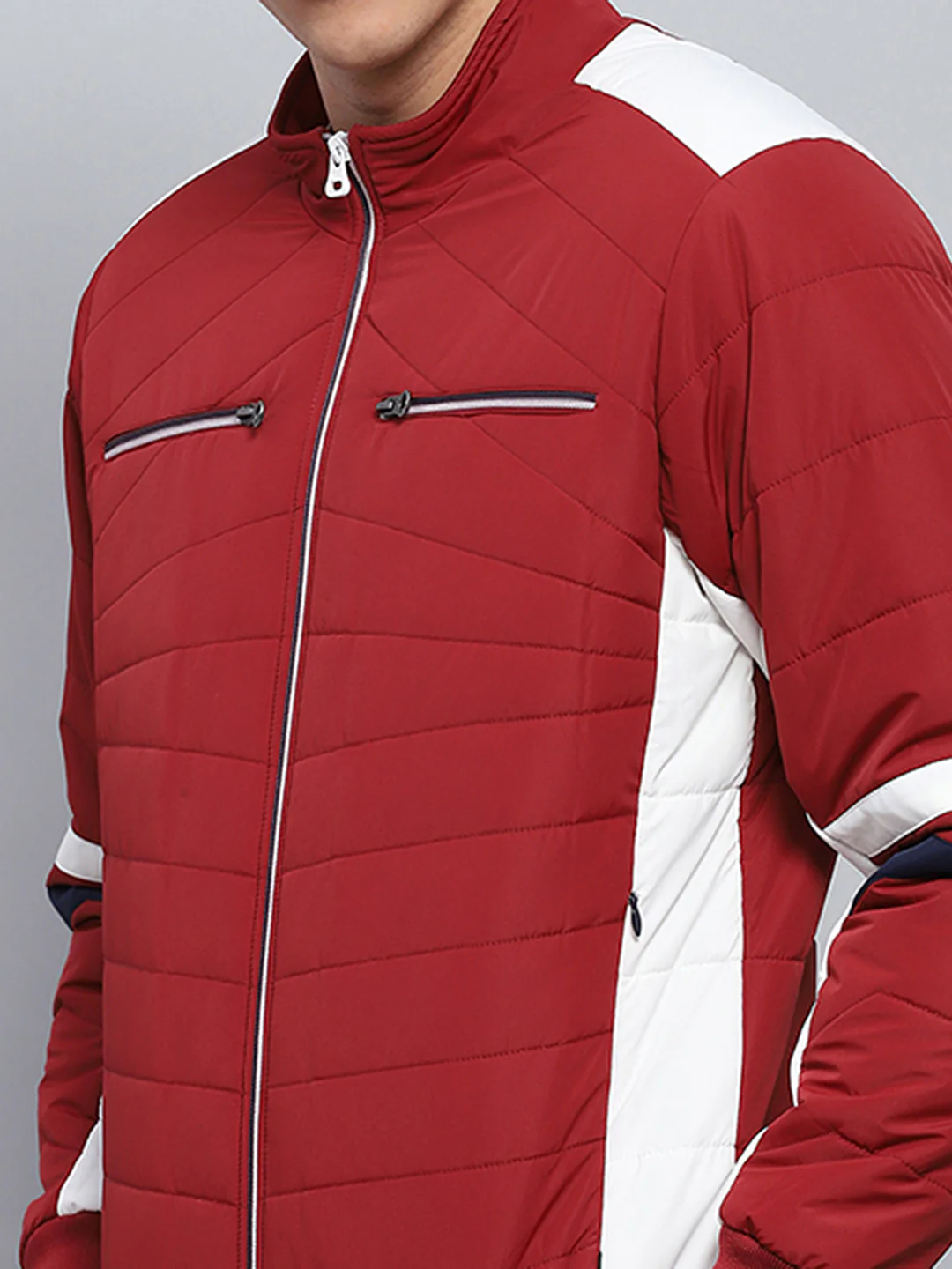Men Red Solid Mock Neck Full Sleeve Jacket - Image 6
