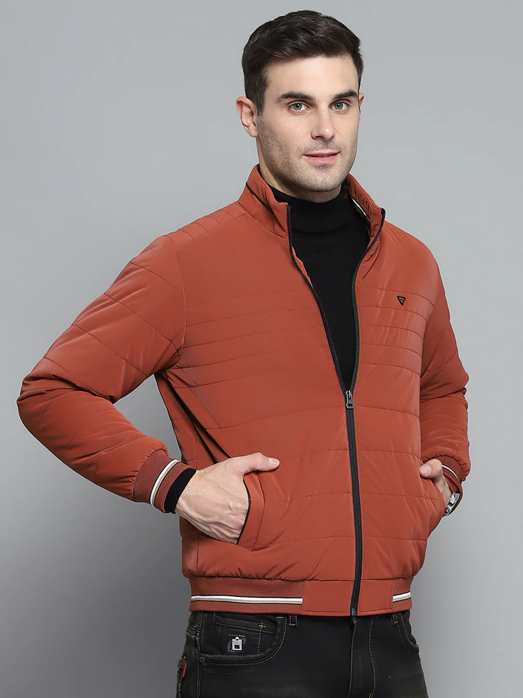 Men Red Solid Mock Neck Full Sleeve Jacket - Image 4