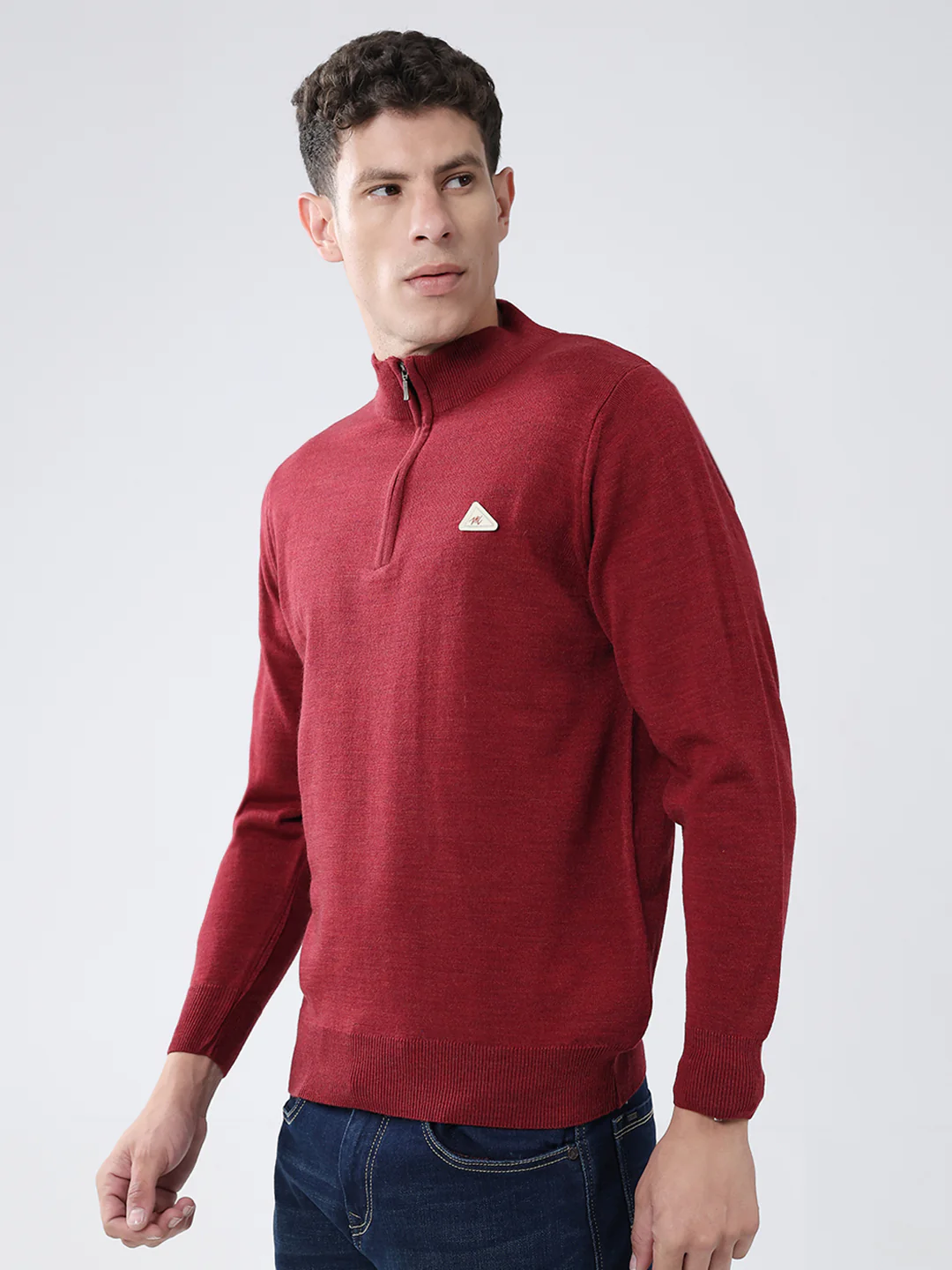 Men Red Solid Mock Neck Full Sleeve Pullover - Image 3