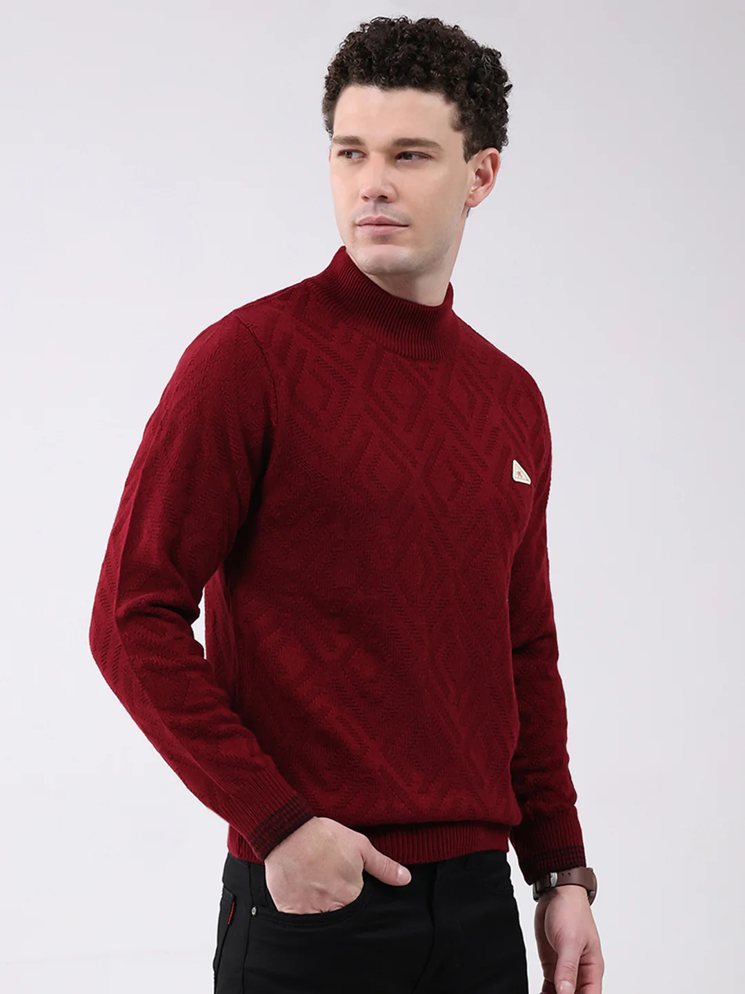 Men Red Solid Mock Neck Full Sleeve Pullover - Image 4