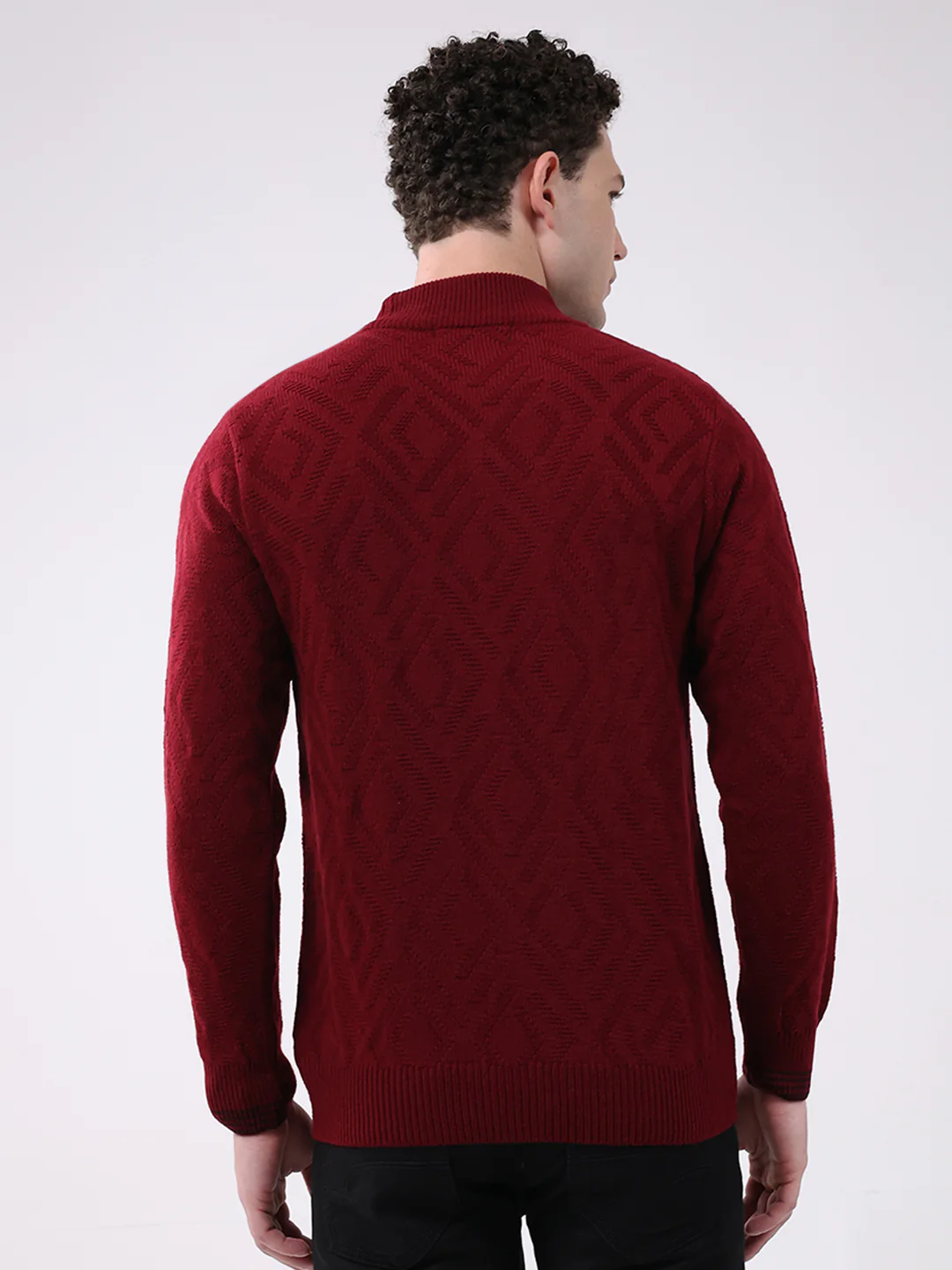 Men Red Solid Mock Neck Full Sleeve Pullover - Image 5