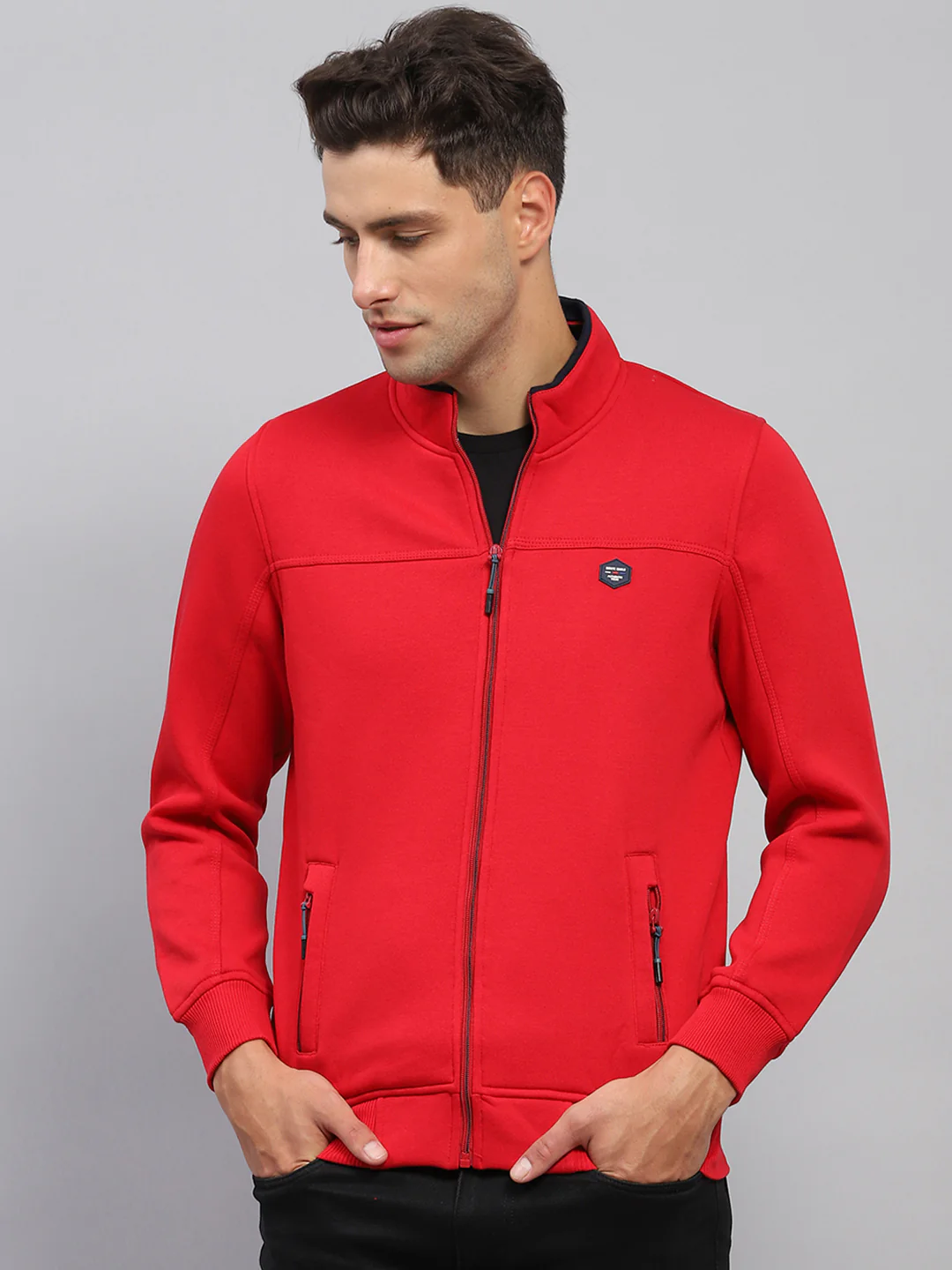 Men Red Solid Mock Neck Full Sleeve Sweatshirt - Image 2