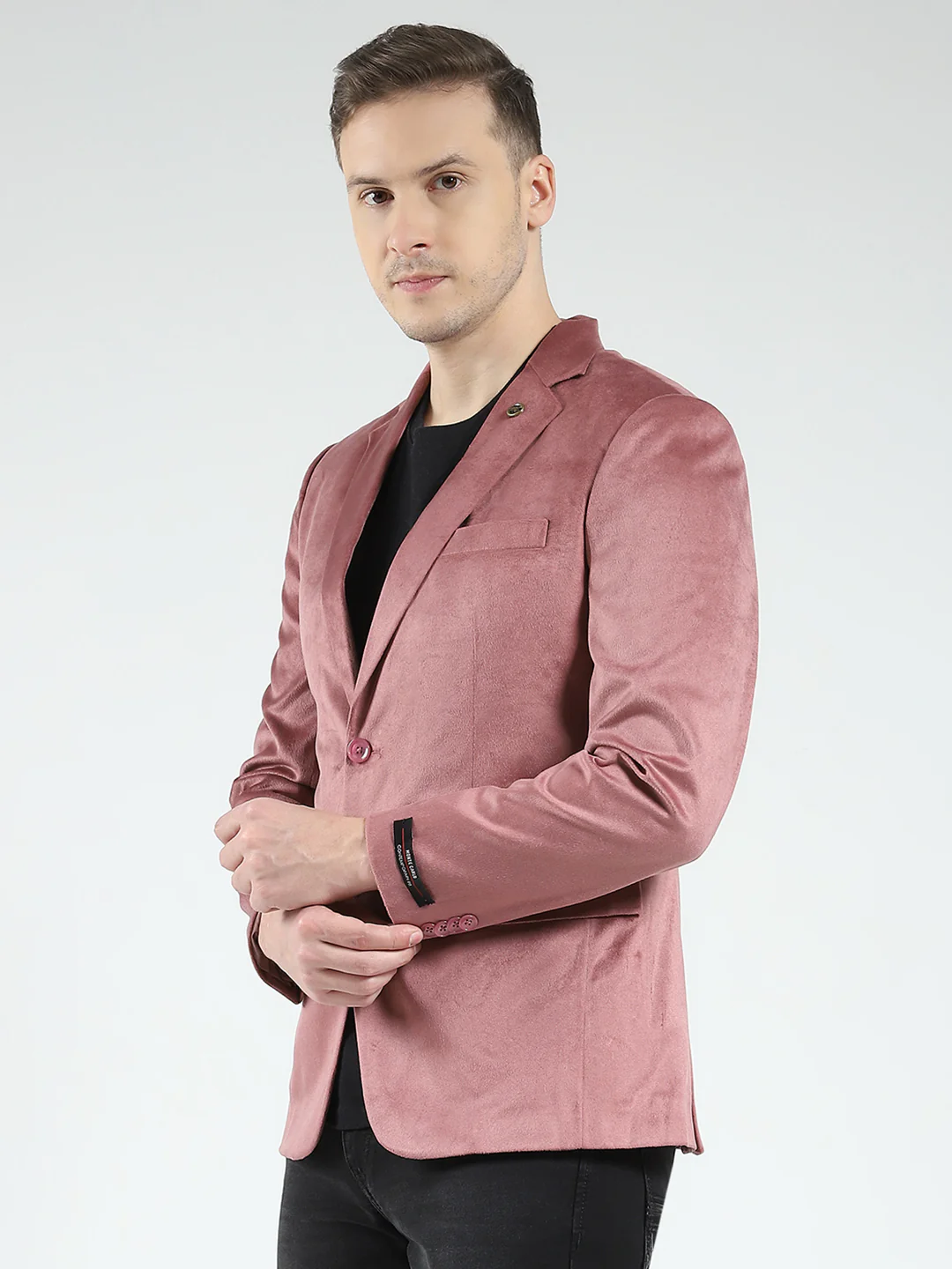 Men Red Solid Notch Lapel Collar Full Sleeve Blazer - Image 3