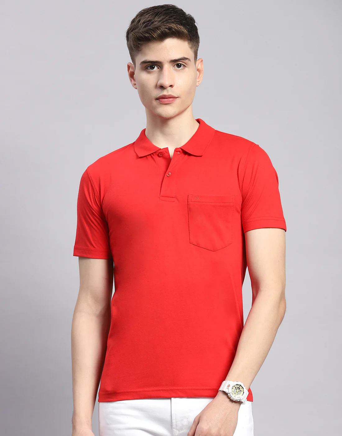 Men Red Solid Polo Collar Half Sleeve T-Shirt - Image 3