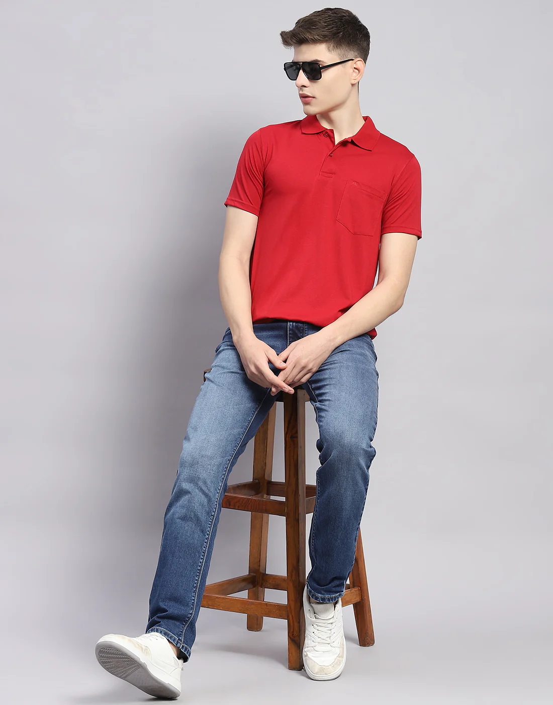 Men Red Solid Polo Collar Half Sleeve T-Shirt - Image 2
