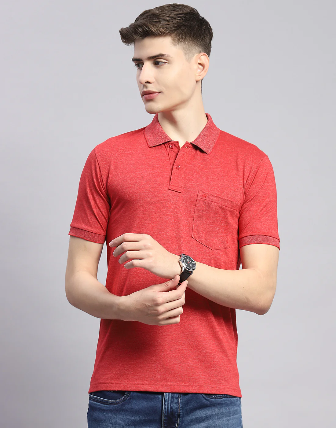 Men Red Solid Polo Collar Half Sleeve T-Shirt - Image 3
