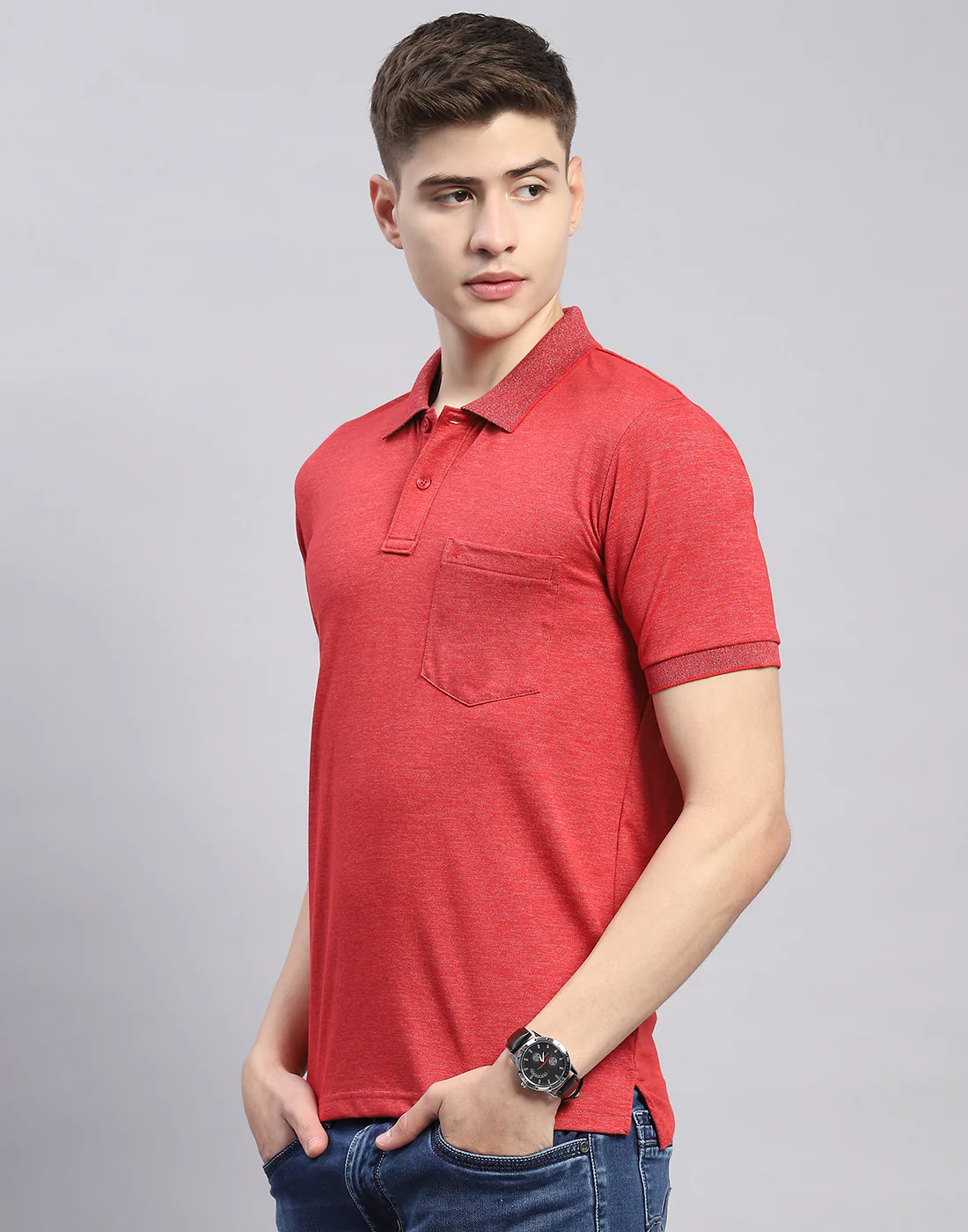 Men Red Solid Polo Collar Half Sleeve T-Shirt - Image 4