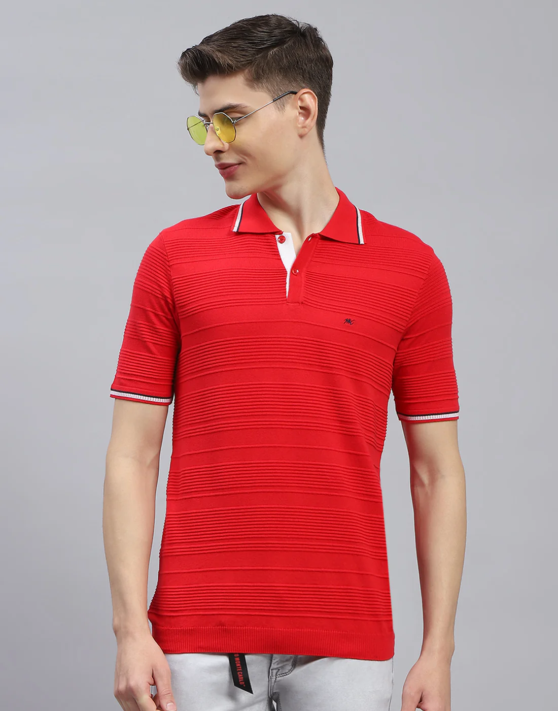Men Red Solid Polo Collar Half Sleeve T-Shirt - Image 3