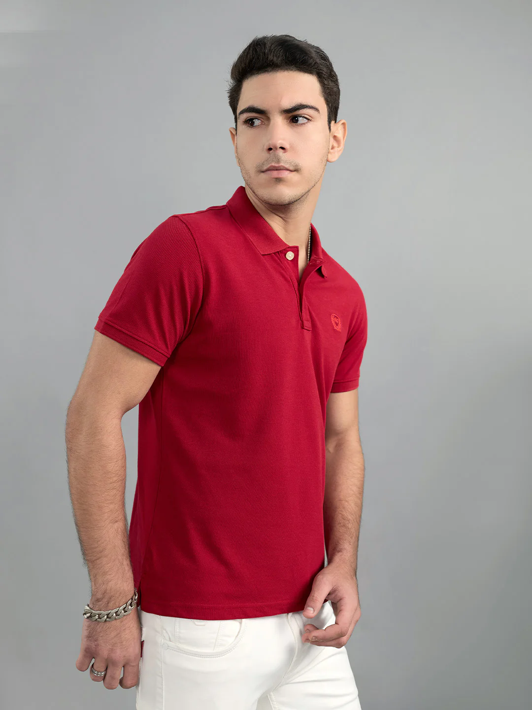 Men Red Solid Polo Collar Half Sleeve T-Shirt - Image 3