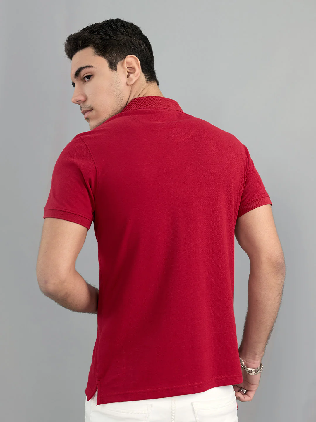 Men Red Solid Polo Collar Half Sleeve T-Shirt - Image 4